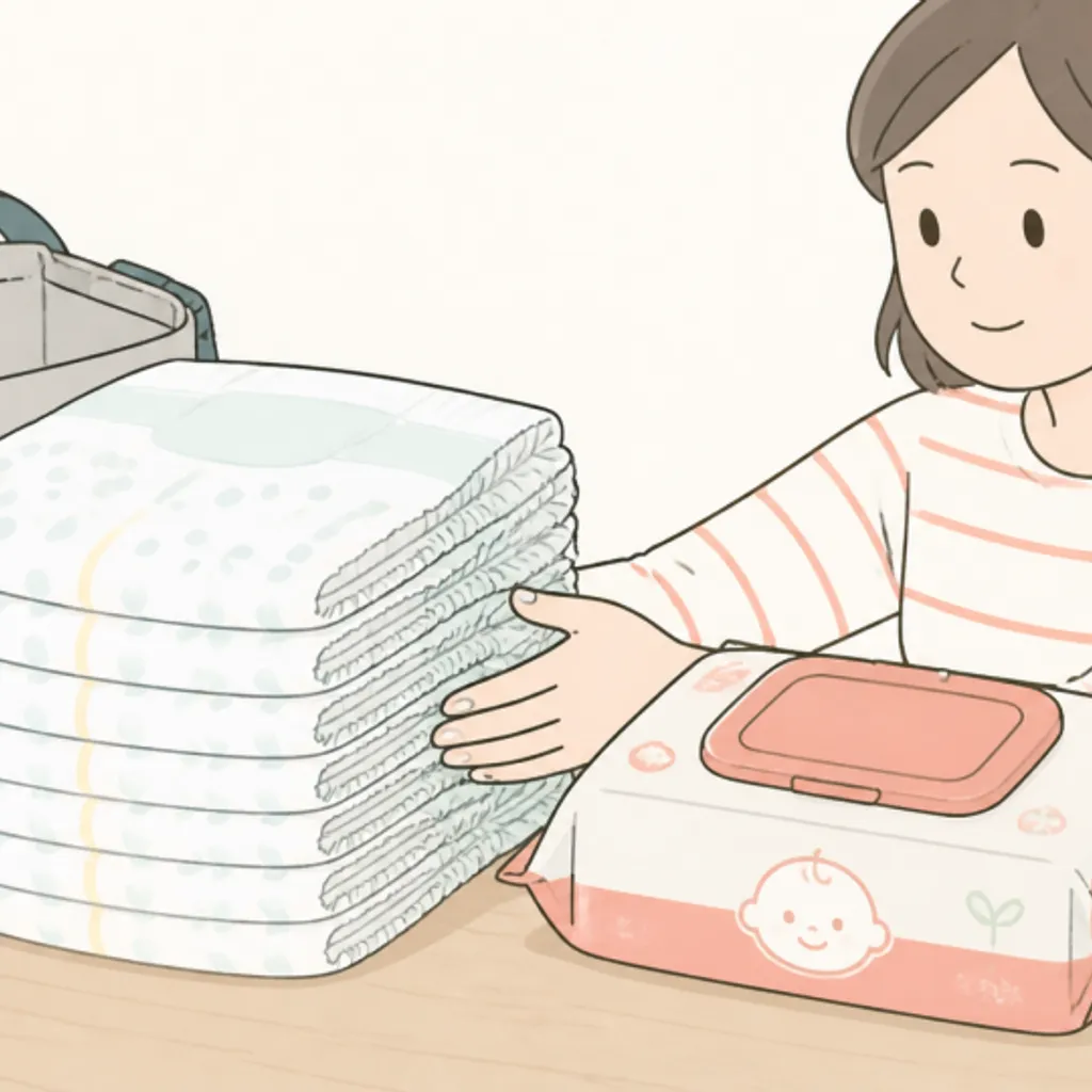 積み重ねた紙おむつとおしりふきのパック