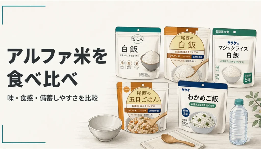 食べ比べのために並べたアルファ米の非常食パウチ