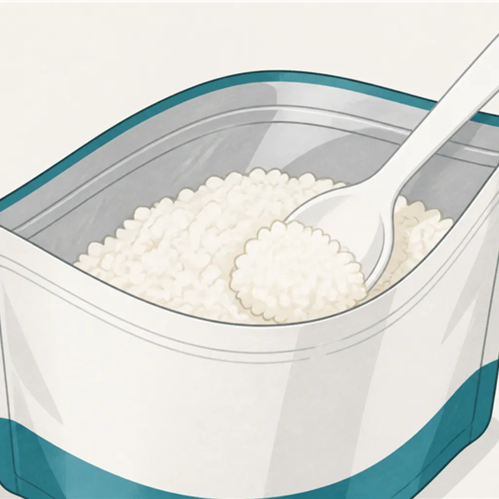 お湯で戻したアルファ米の白飯とスプーン