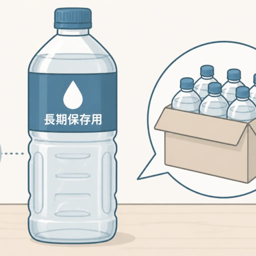長期保存用の厚手ペットボトルに貼られた保存年数ラベル
