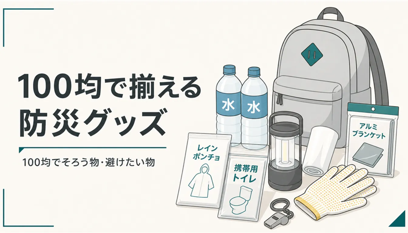 100均で揃えた防災グッズ一式を並べた様子