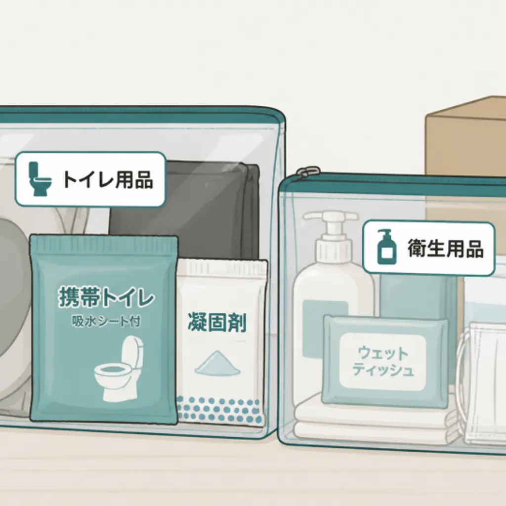 ラベルを貼って仕分けした防災用品の収納ポーチ