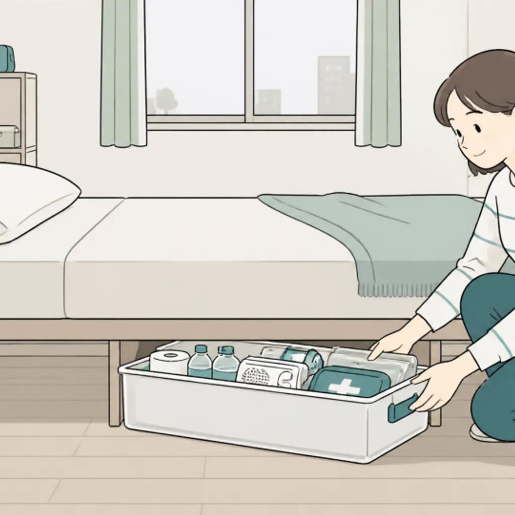 ワンルームのベッド下に収納した防災グッズの箱