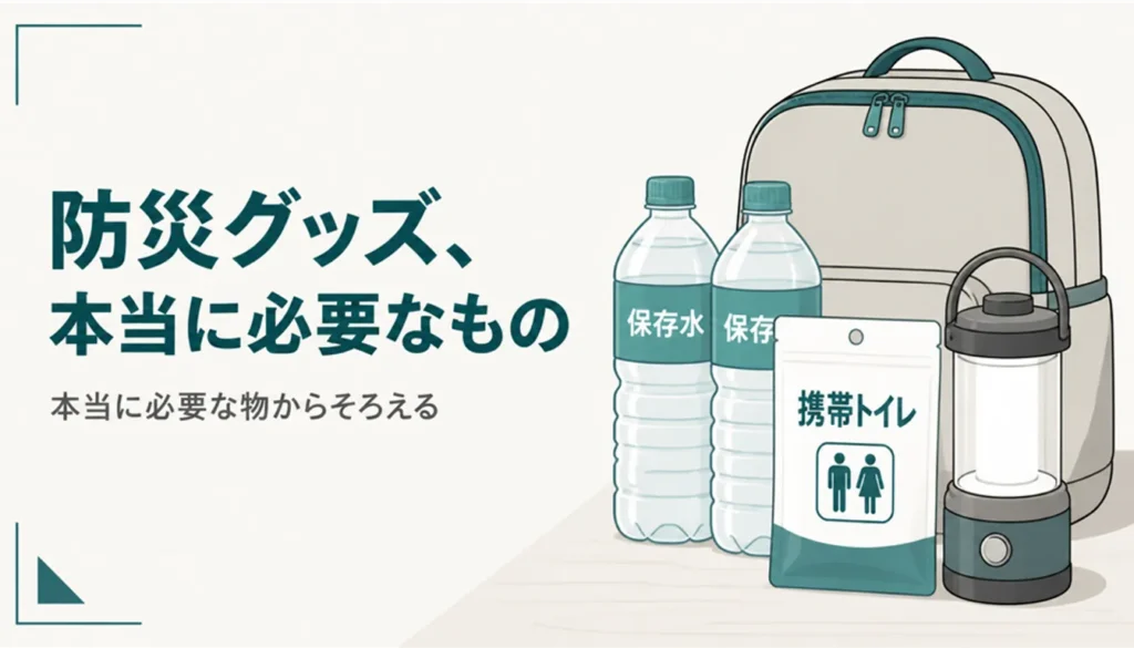水と携帯トイレ、ランタンを並べた家庭の防災グッズ