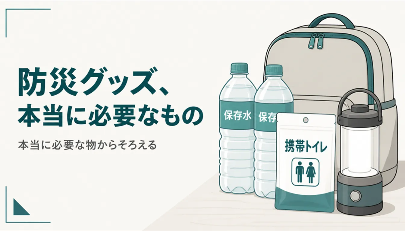 水と携帯トイレ、ランタンを並べた家庭の防災グッズ
