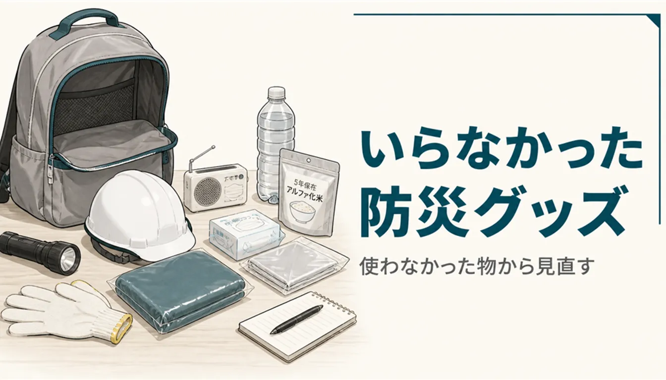 防災リュックの横に並べた使わなかった防災グッズ