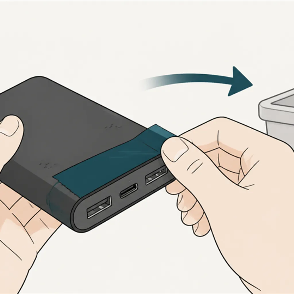 モバイルバッテリーの端子をテープで絶縁する手元