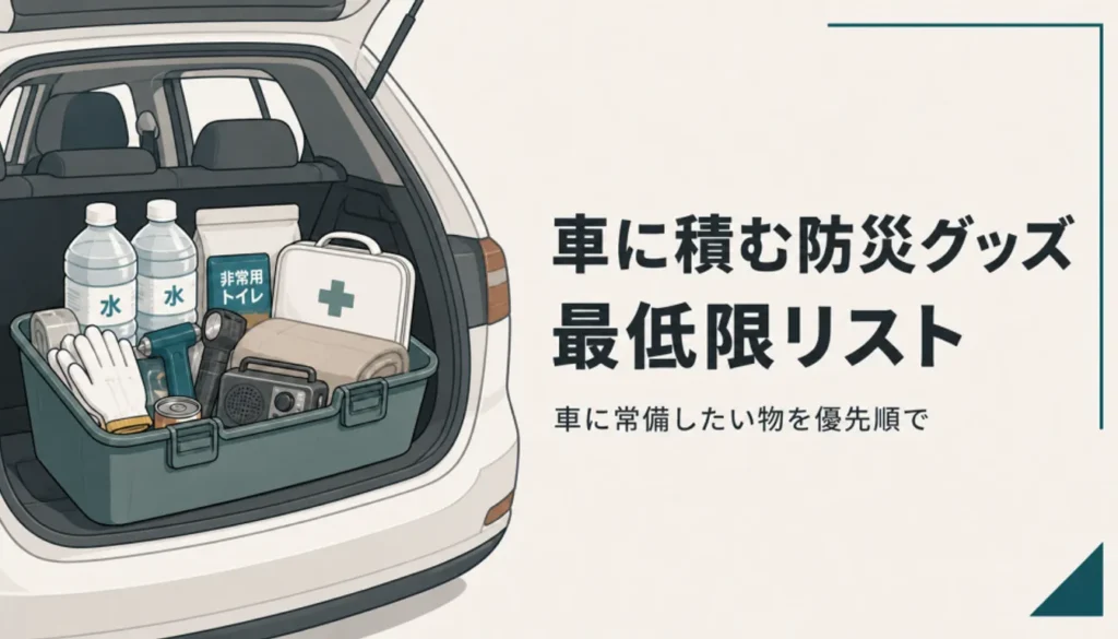 車のトランクに置かれた防災グッズ一式の収納ボックス