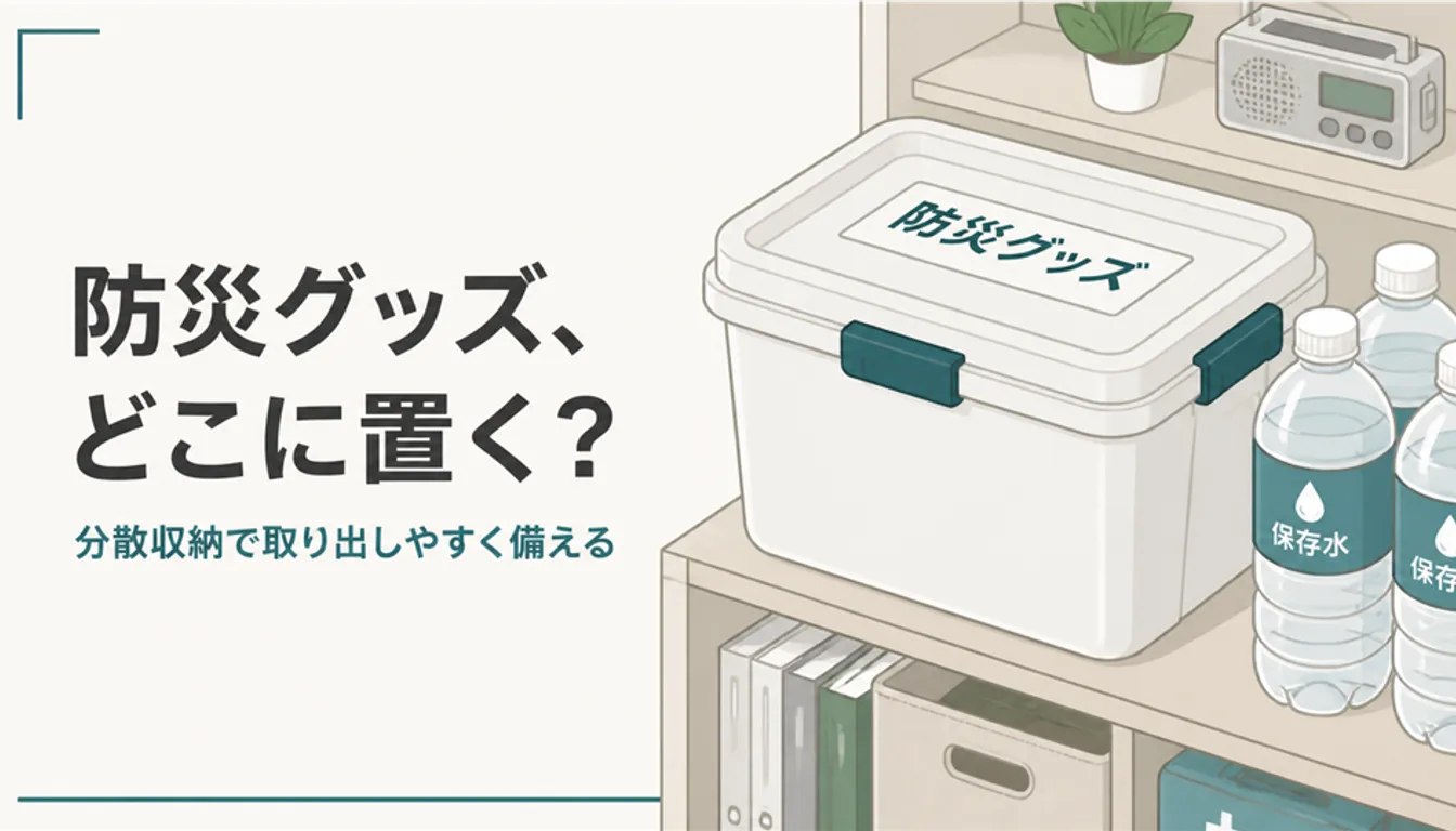 ラベルを貼った防災グッズの収納ボックスと備蓄水