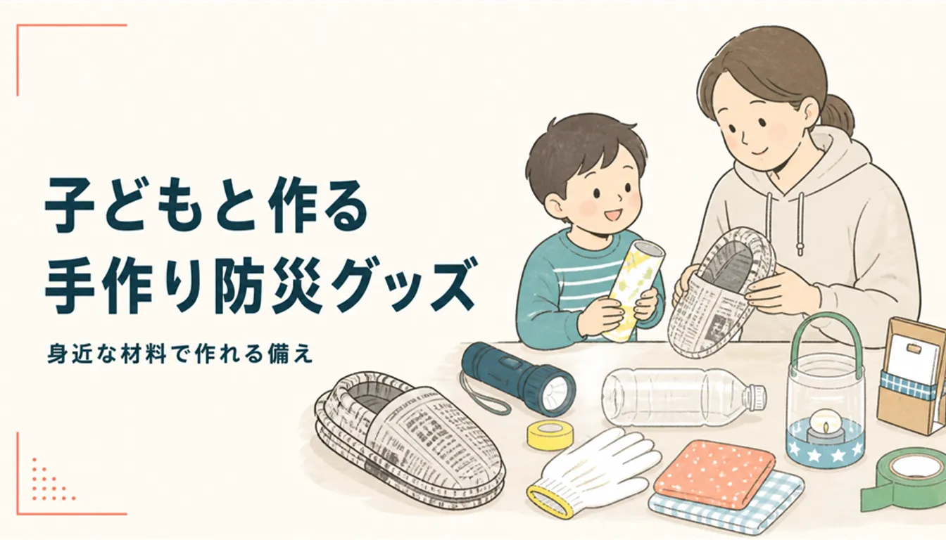新聞紙で折ったスリッパと手作りの防災グッズ