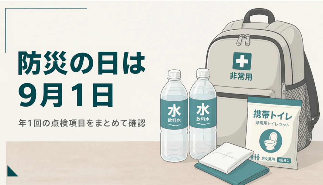 水と携帯トイレを並べた家庭の防災備蓄一式