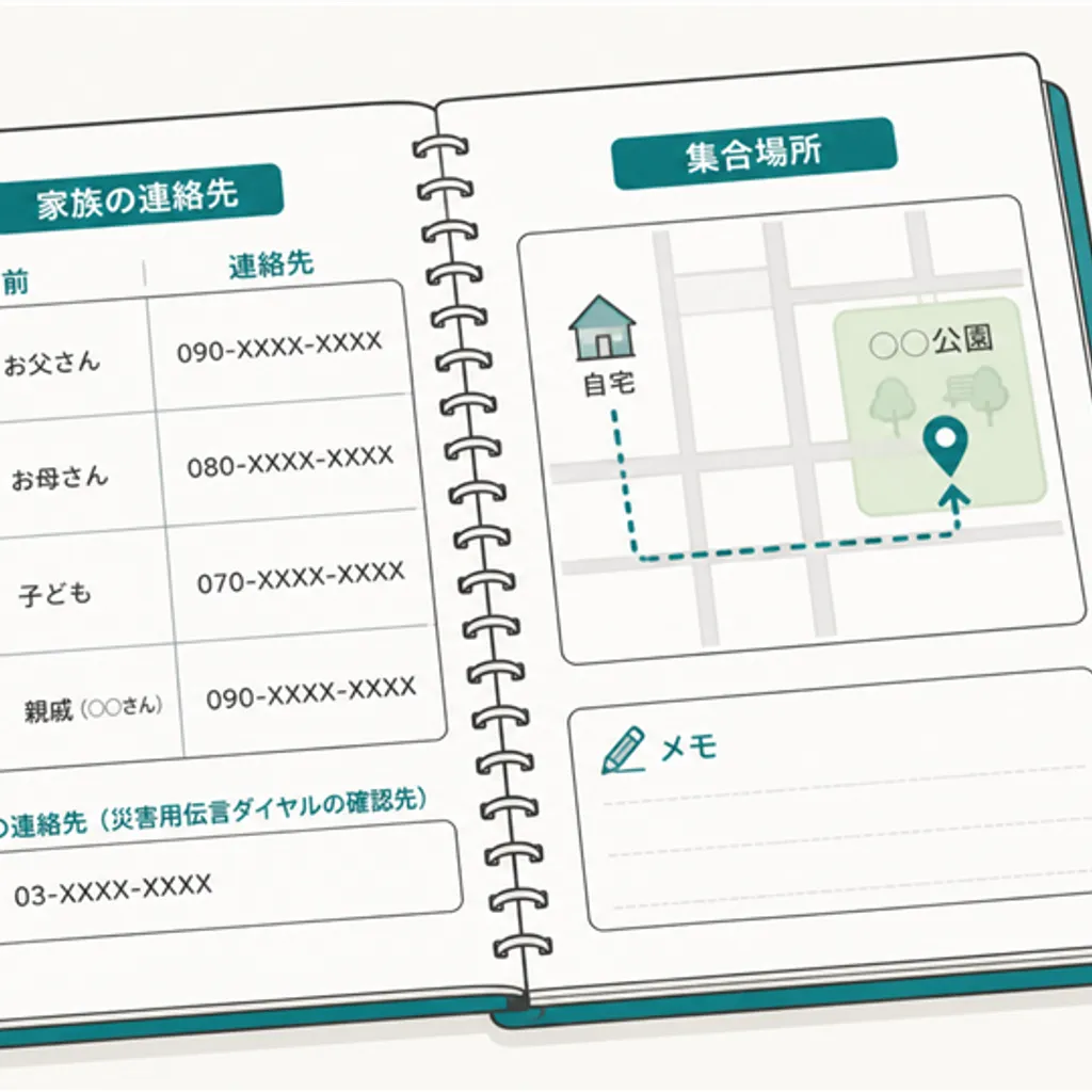 家族の連絡方法と集合場所を書いたノート