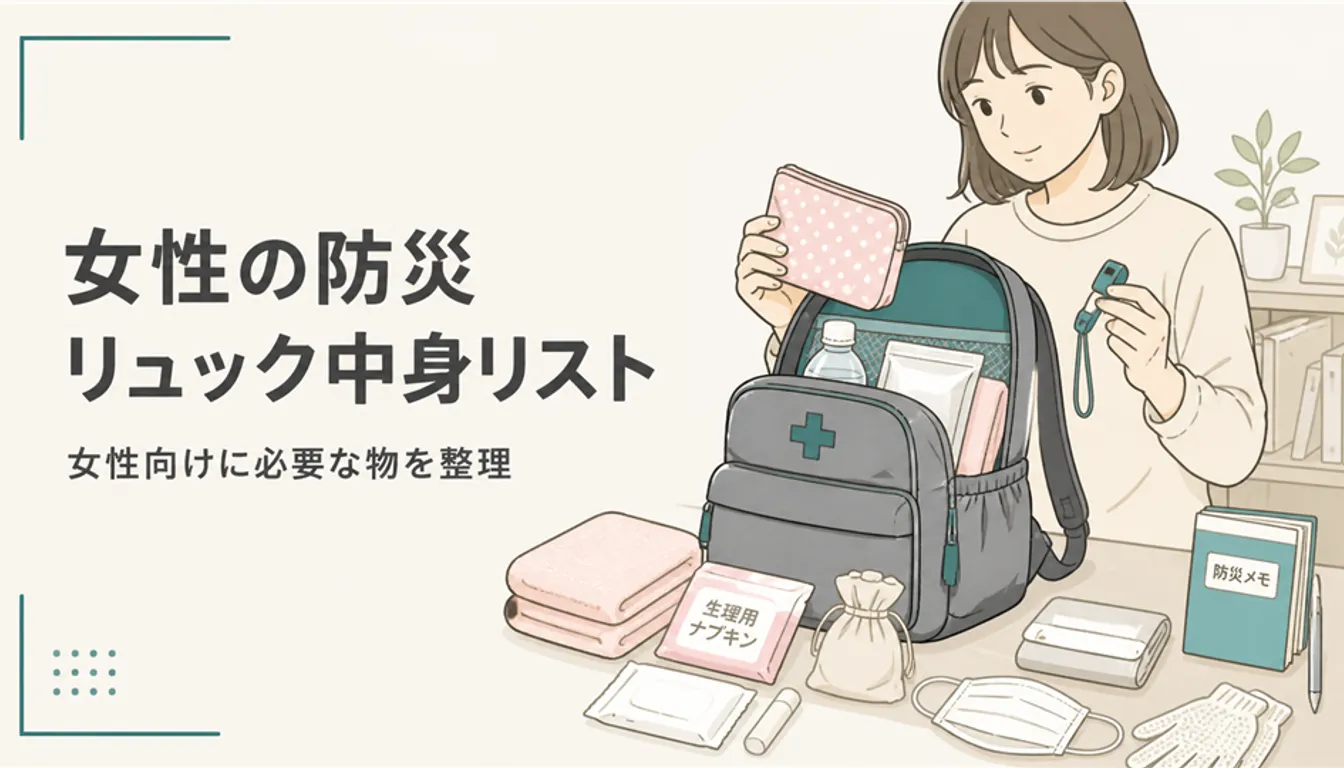 女性向けの防災リュックと衛生用品ポーチ、ホイッスル