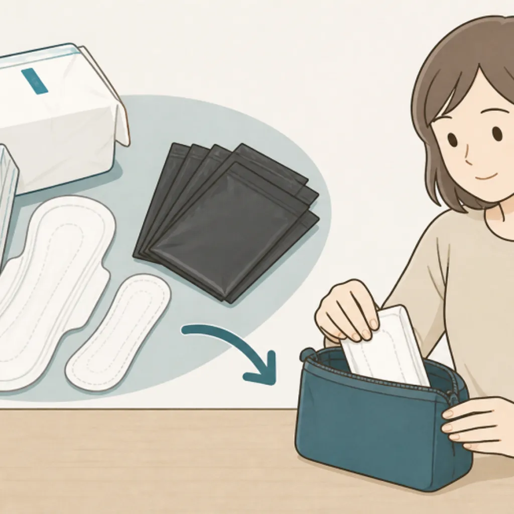 生理用品と防臭袋を小さなポーチにまとめた様子