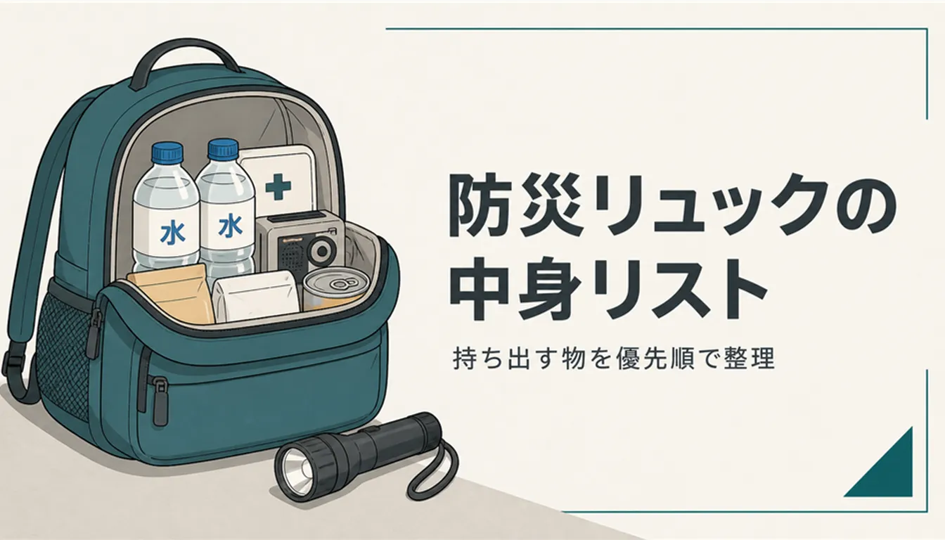 中身を広げた防災リュックと水や懐中電灯