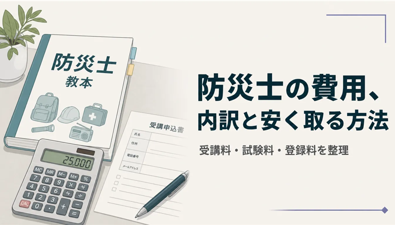防災士の教本と電卓、申込書を並べた費用のイメージ
