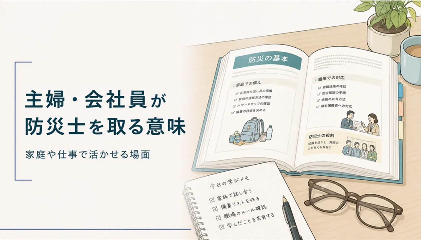 防災士教本とノート、置かれた老眼鏡