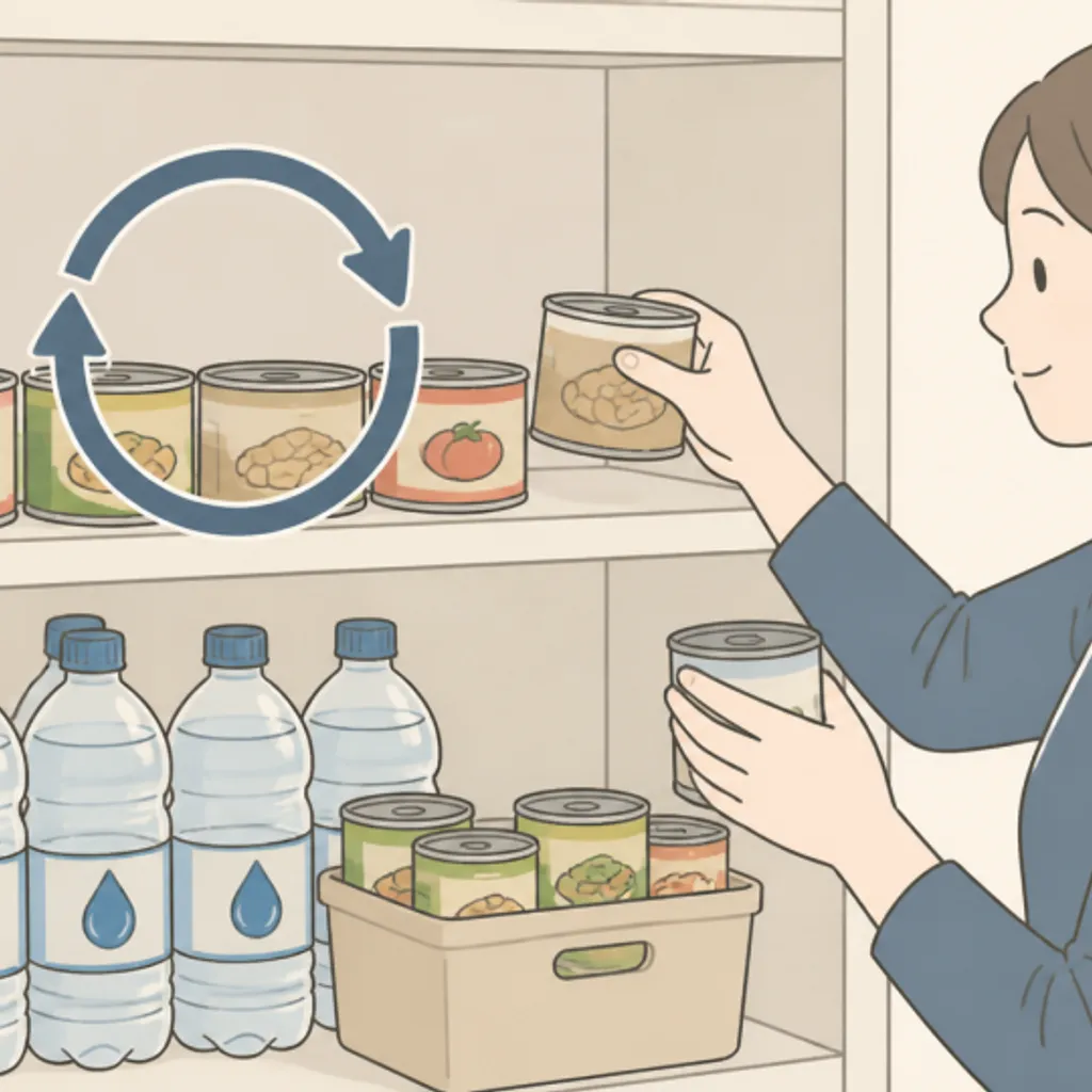 缶詰と水を並べたローリングストックの棚