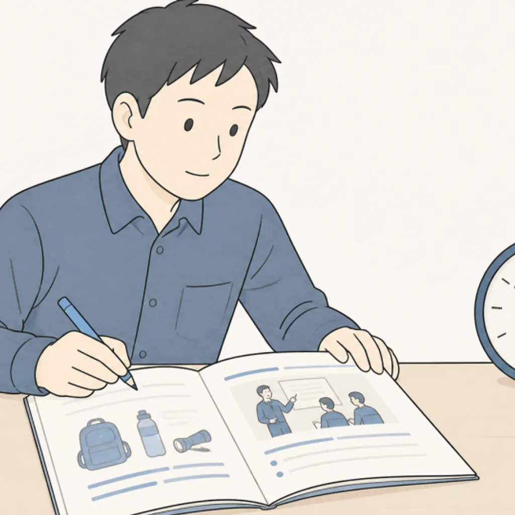週末講座の机に置かれた資料と鉛筆
