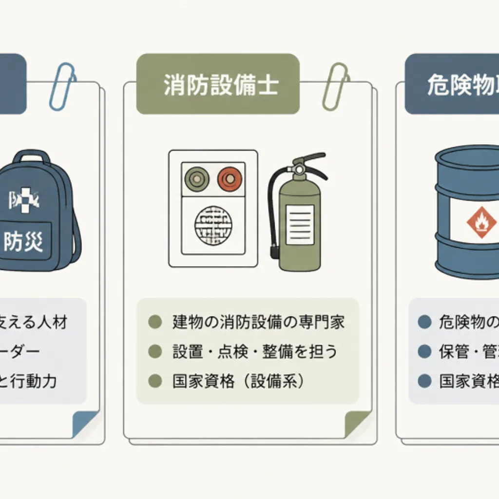 資格の区分を比べる三枚のラベル紙