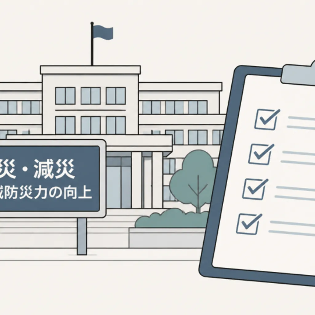 防災行政の庁舎と検討中の資料のイメージ