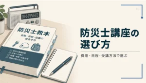 防災士教本とノート、ボールペンを並べた学習の準備