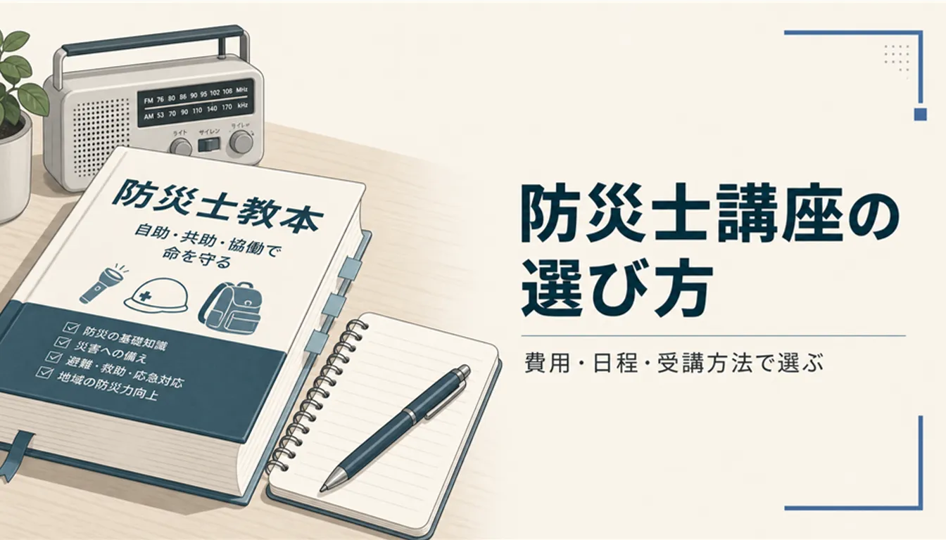 防災士教本とノート、ボールペンを並べた学習の準備
