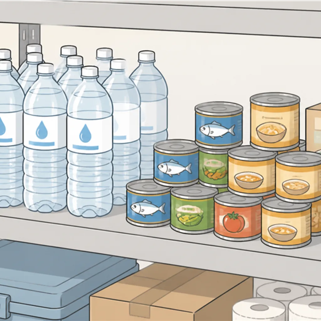 水と缶詰を並べたローリングストックの棚