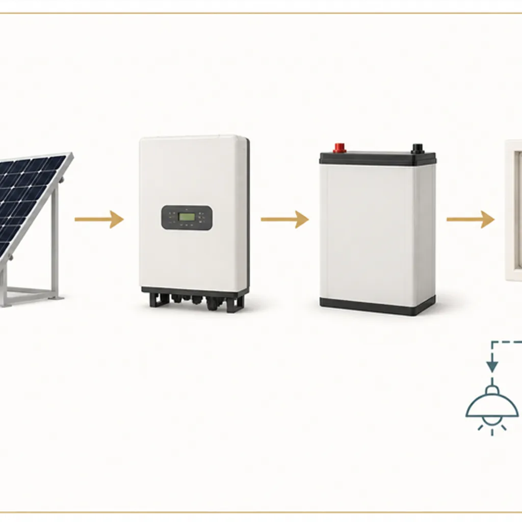 太陽光とパワコン、蓄電池、分電盤のつながりを示した図