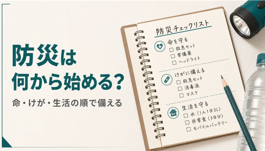 防災の準備リストを書き込んだノートと鉛筆