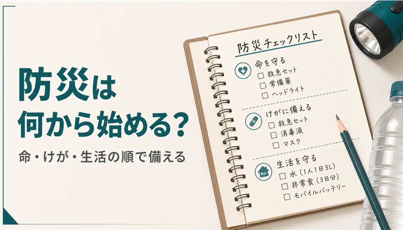 防災の準備リストを書き込んだノートと鉛筆