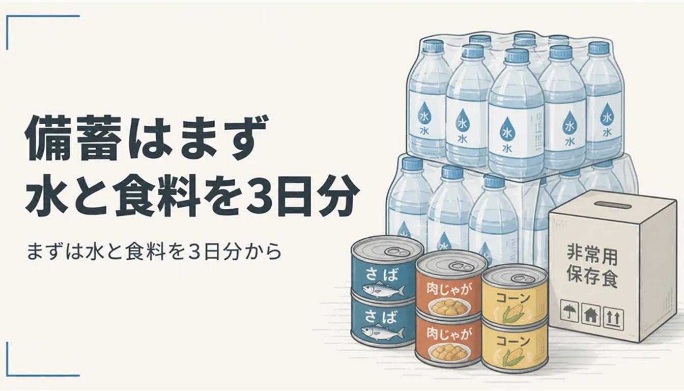箱入りの水と缶詰を積んだ家庭の備蓄