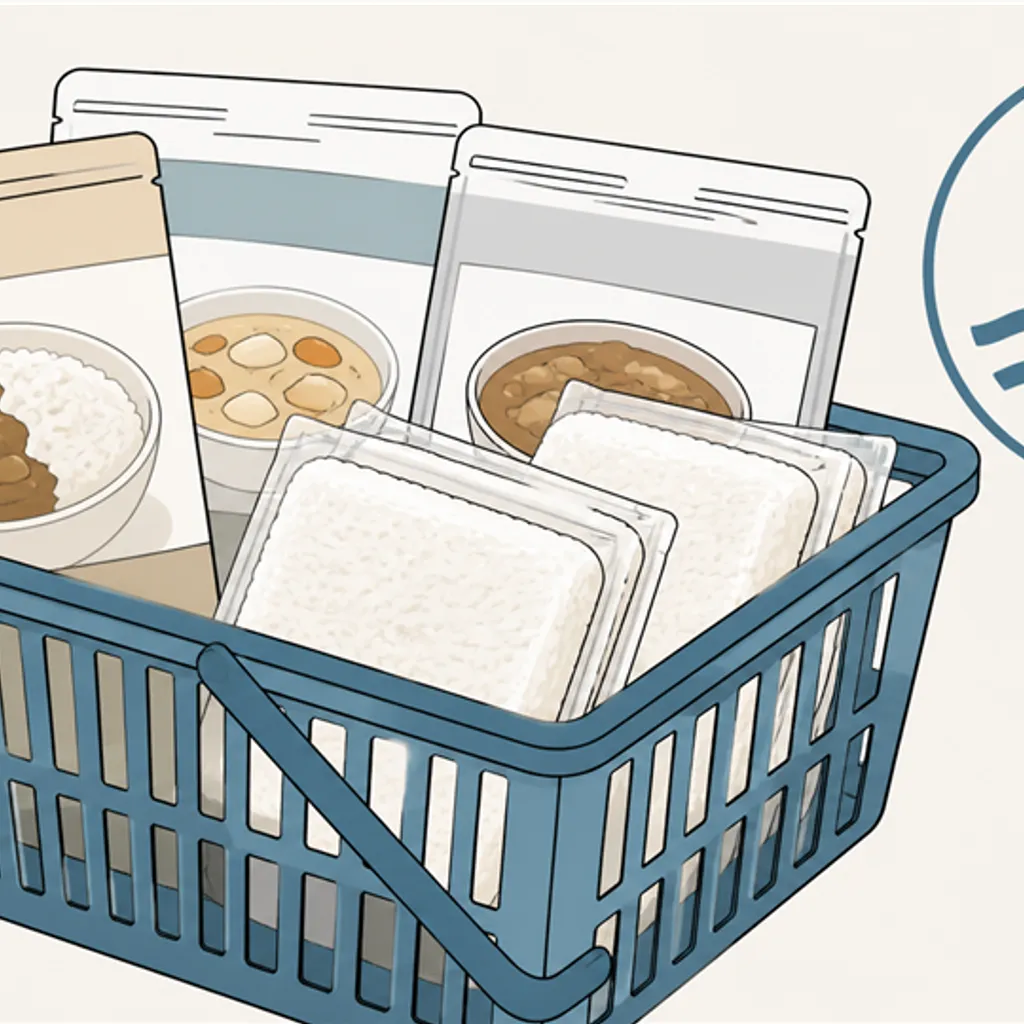 レトルト食品とパックごはんを入れた買い物かご