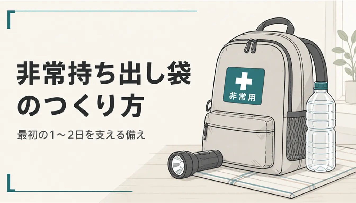 懐中電灯と水を入れた非常持ち出し用のリュック