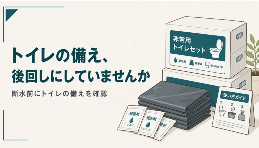 重ねて置かれた非常用携帯トイレのセットと凝固剤