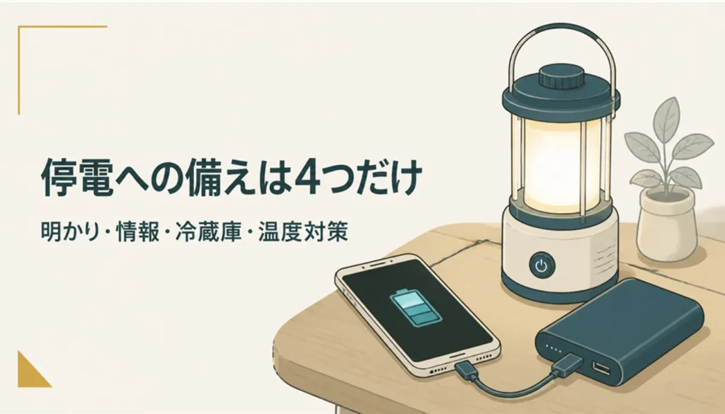 LEDランタンとスマートフォン、モバイルバッテリーを並べた停電への備え