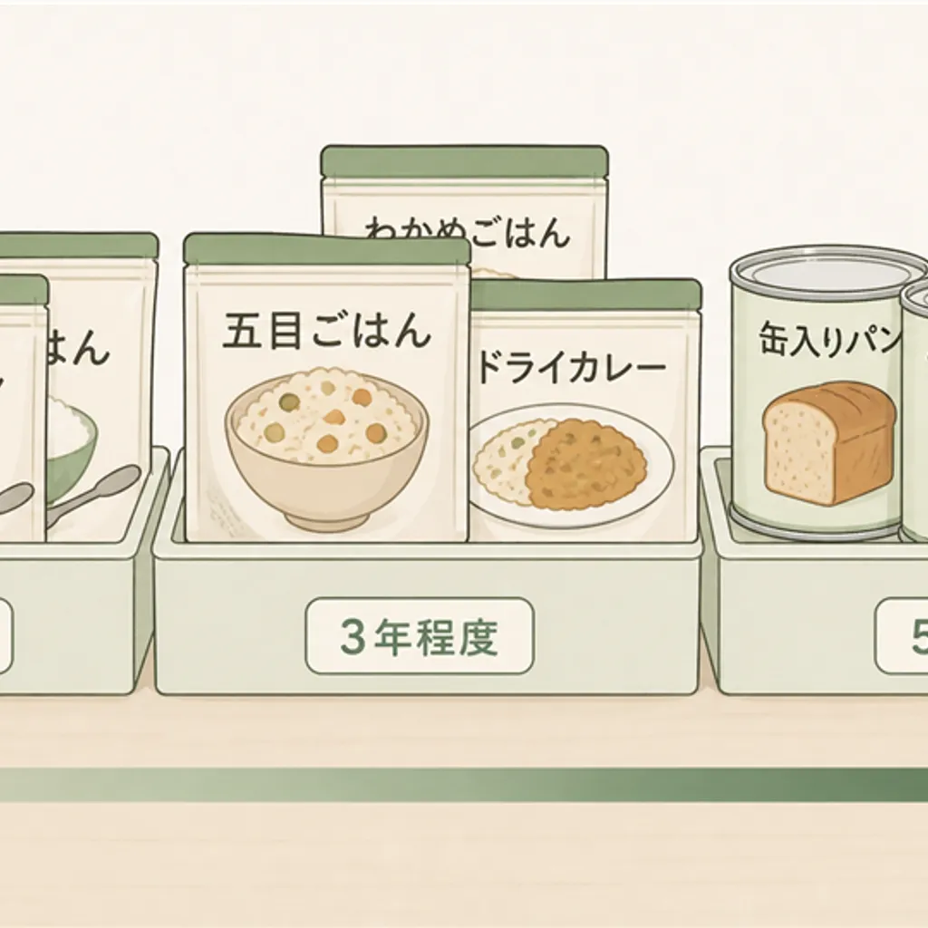 保存年数ごとに並べた非常食のパッケージ