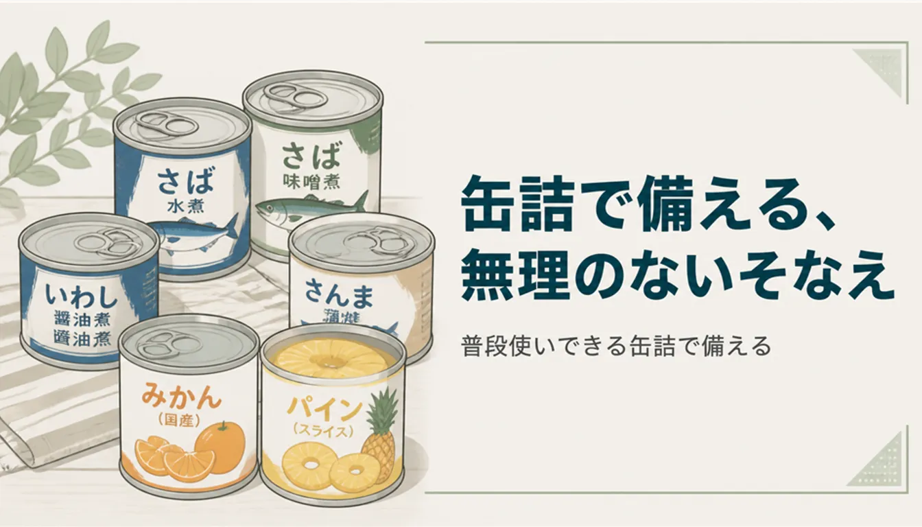 プルタブ付きの缶詰がいくつも並んだ備蓄の様子