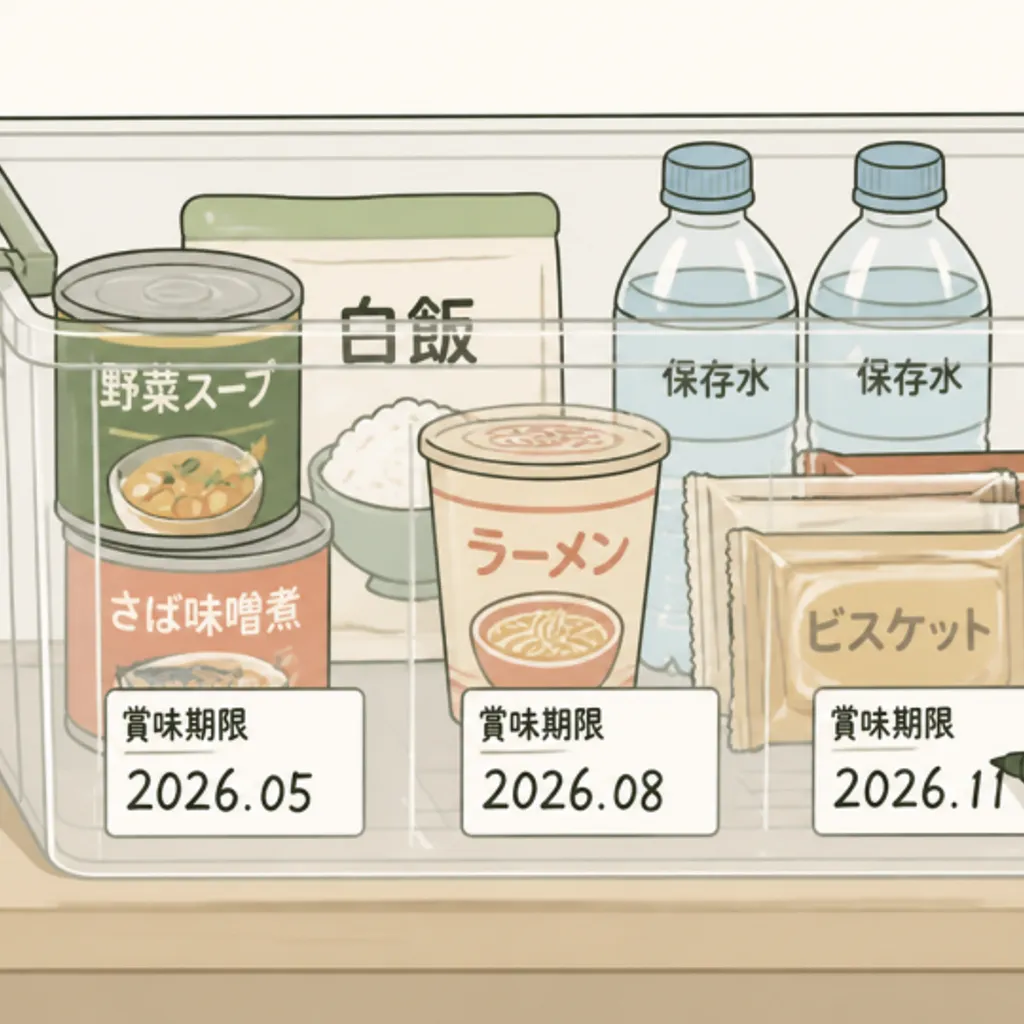 期限を書いたラベルを貼った備蓄食品の収納ボックス