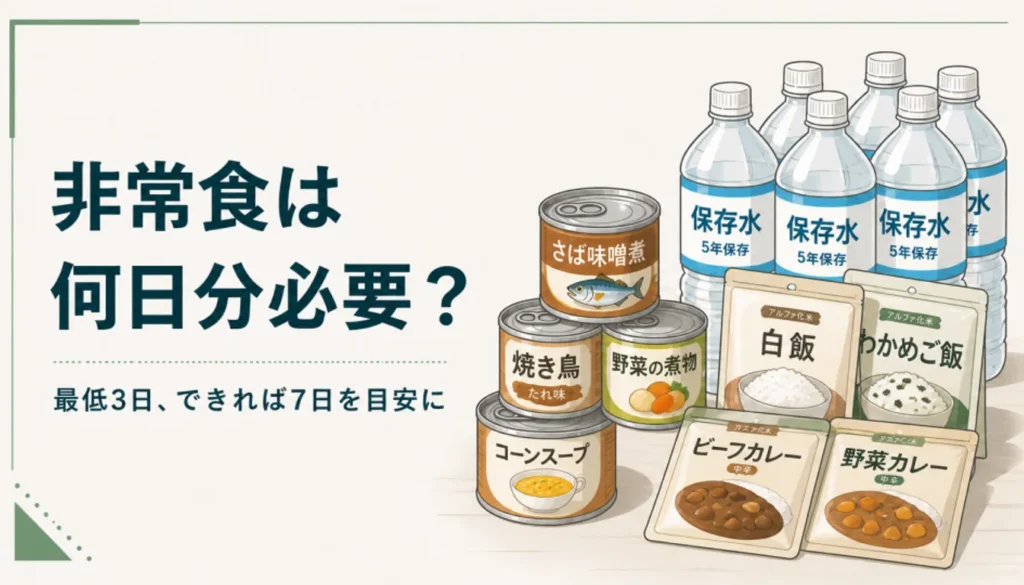 家庭で備蓄した非常食の缶詰とレトルト、水のボトル