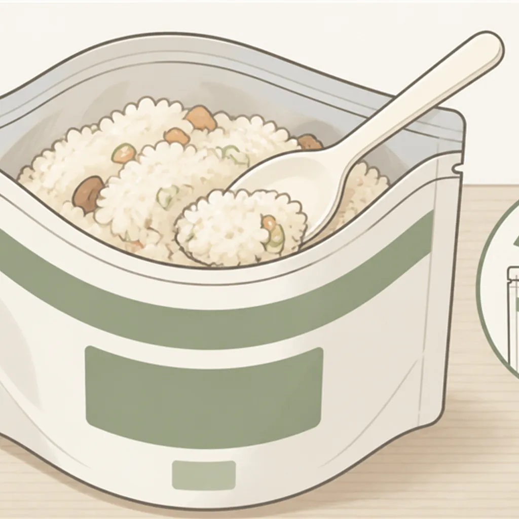 スプーンを添えた味付きアルファ米の袋ごはん