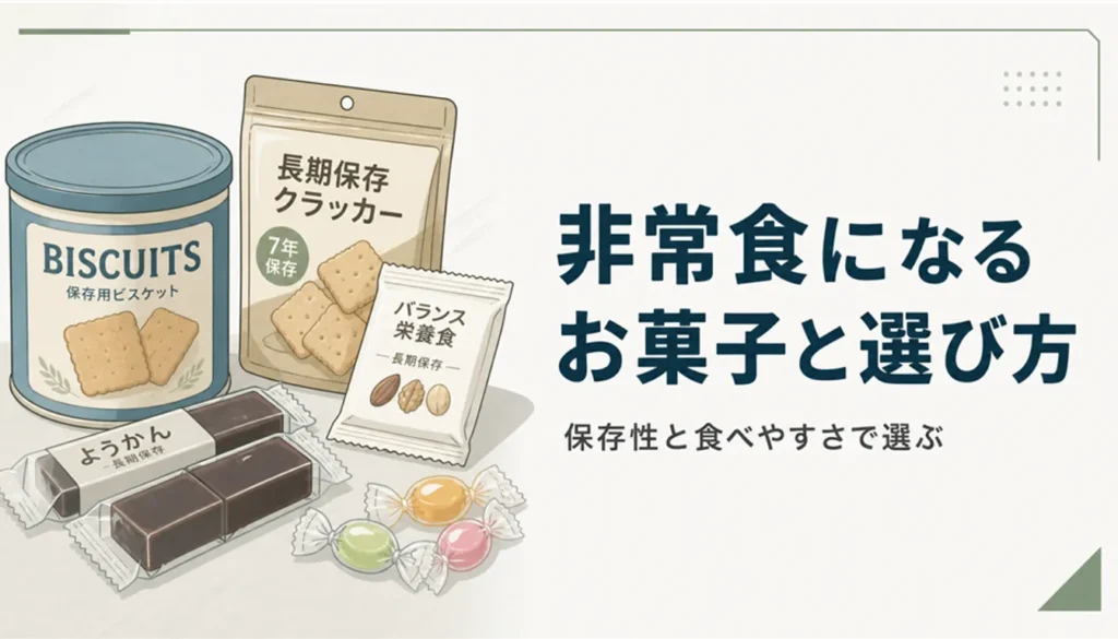 備蓄向けのビスケット缶と長期保存の羊羹、個包装の飴