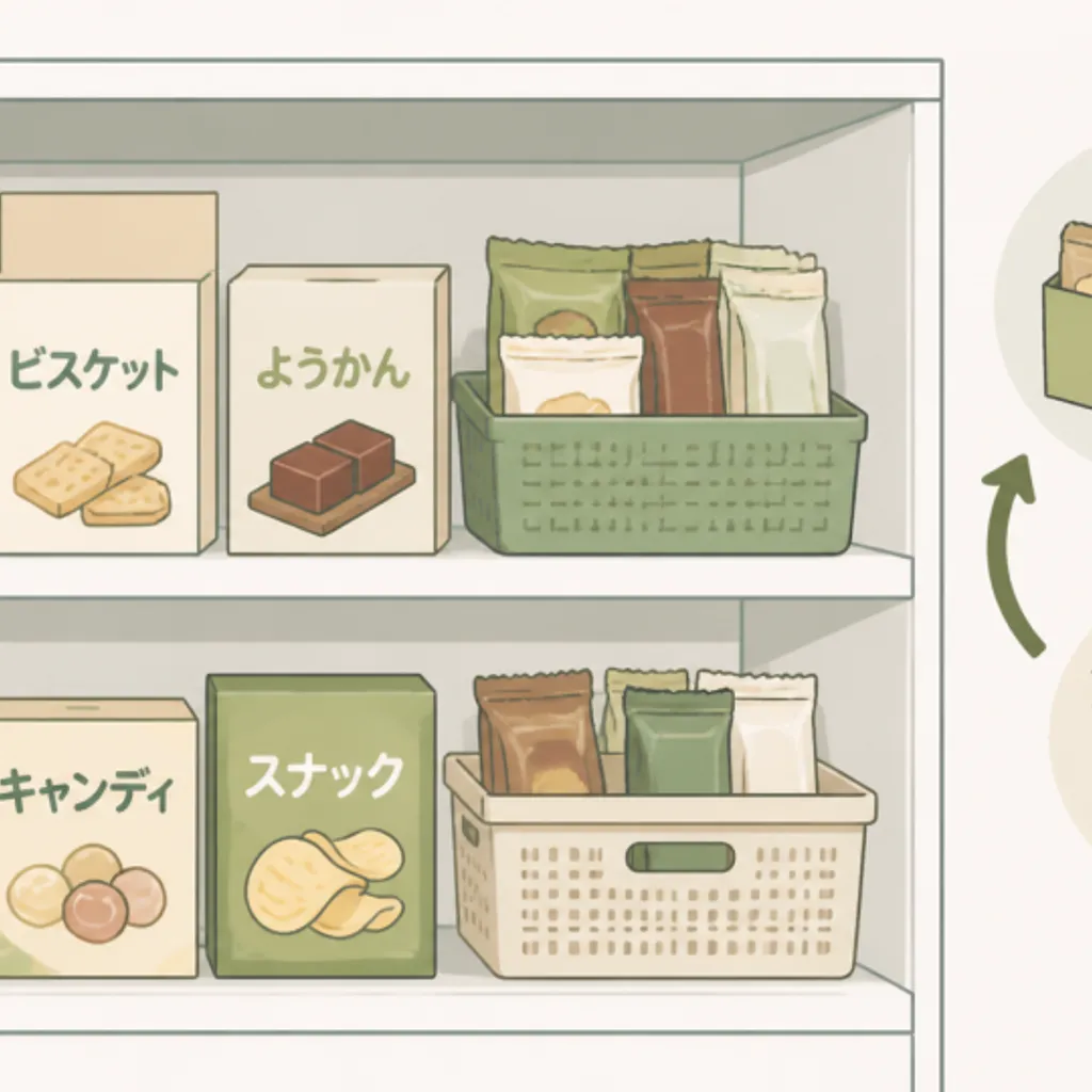 手前から使う形に並べたお菓子のローリングストック