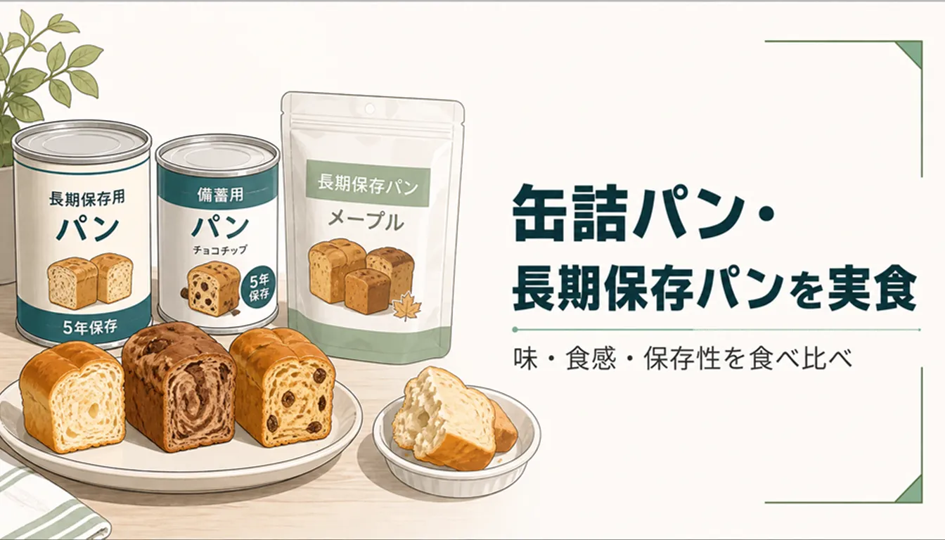 缶詰パンとパウチ入り長期保存パンを並べた様子