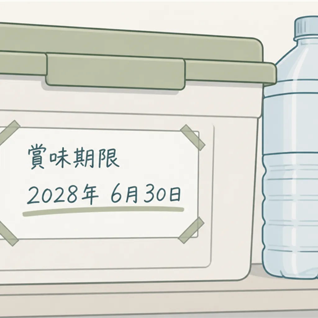 賞味期限を書き込んだ備蓄箱と保存水のボトル