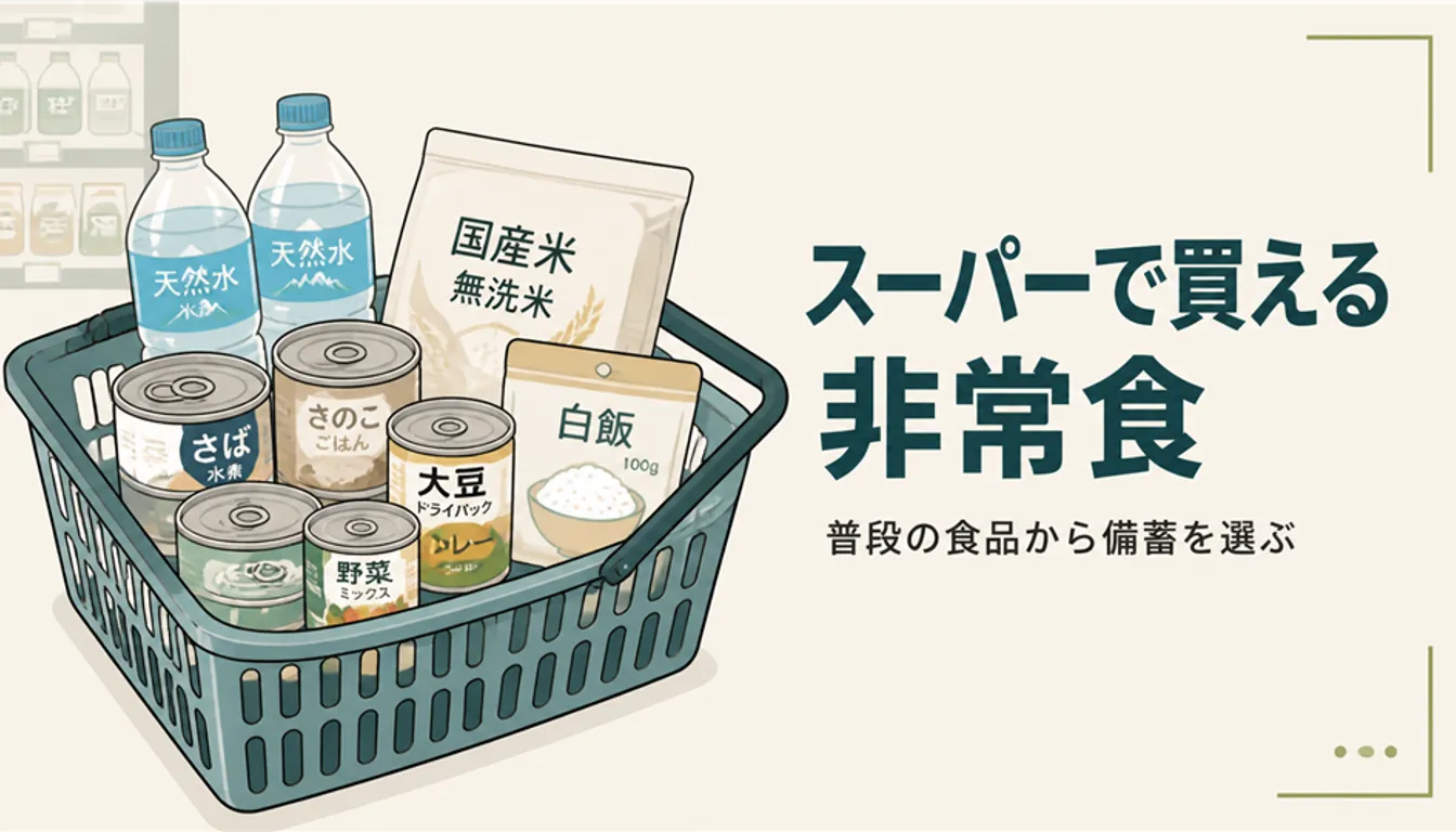 缶詰やパックご飯、水が入ったスーパーの買い物かご