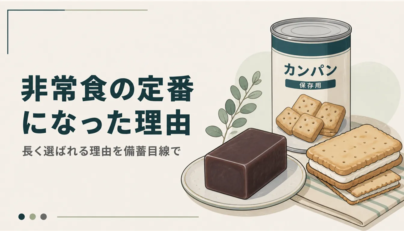 乾パンの缶と羊羹、クリームサンドビスケットが並ぶ様子