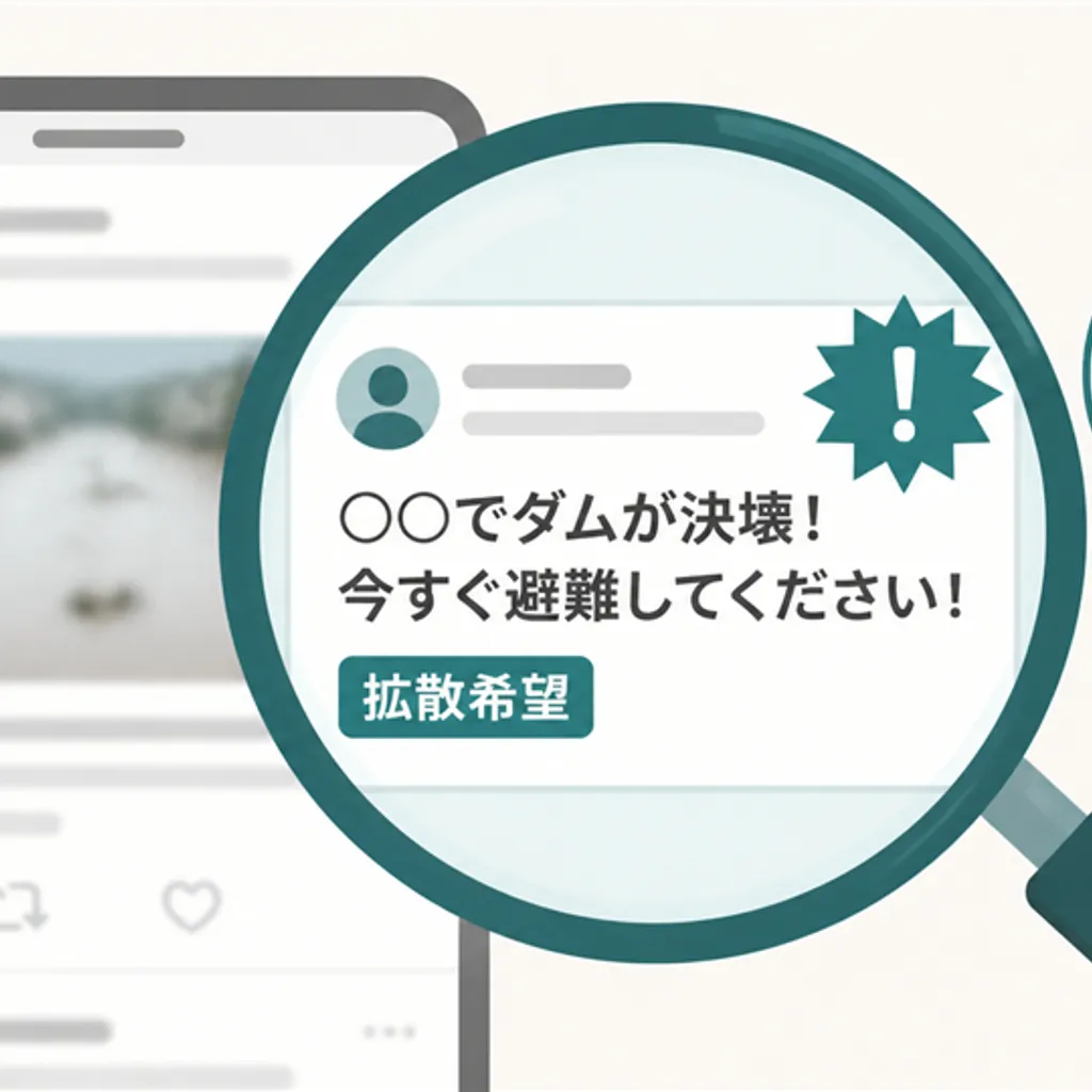 SNSのうわさ投稿を虫めがねで確かめる様子