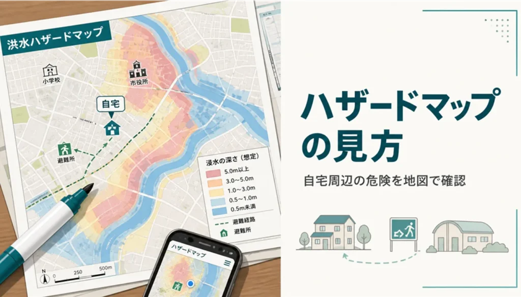 色分けされた浸水想定が印刷された防災ハザードマップ