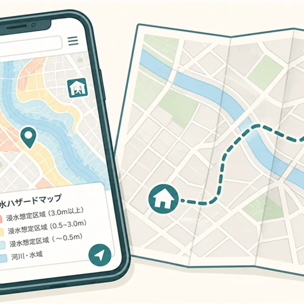 スマホのハザードマップ画面と折りたたんだ紙の地図